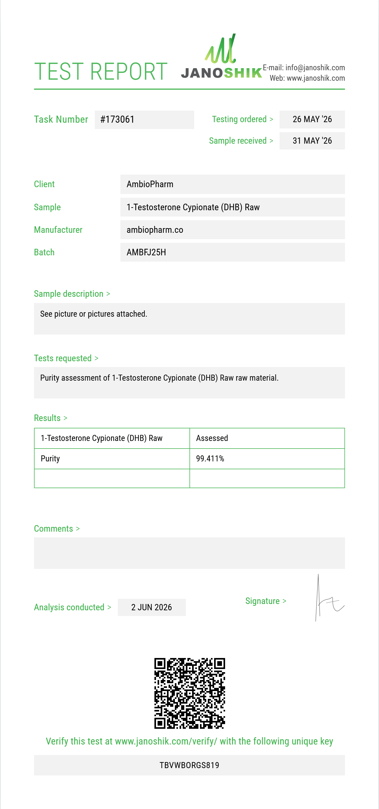 1-Testosterone Cypionate (DHB) Raw Purity (HPLC) report by Janoshik Analytical