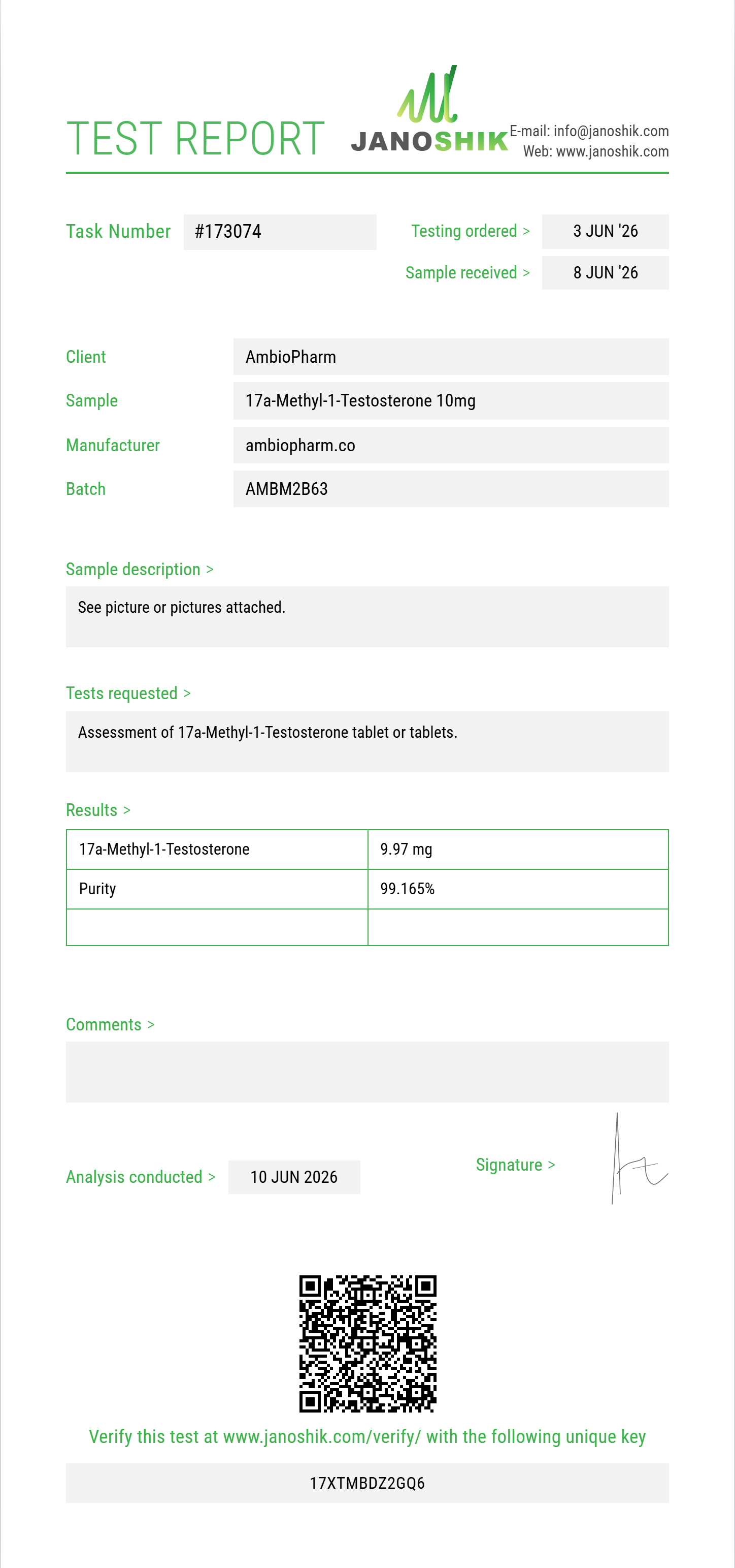 17a-Methyl-1-Testosterone Purity (HPLC) report by Janoshik Analytical