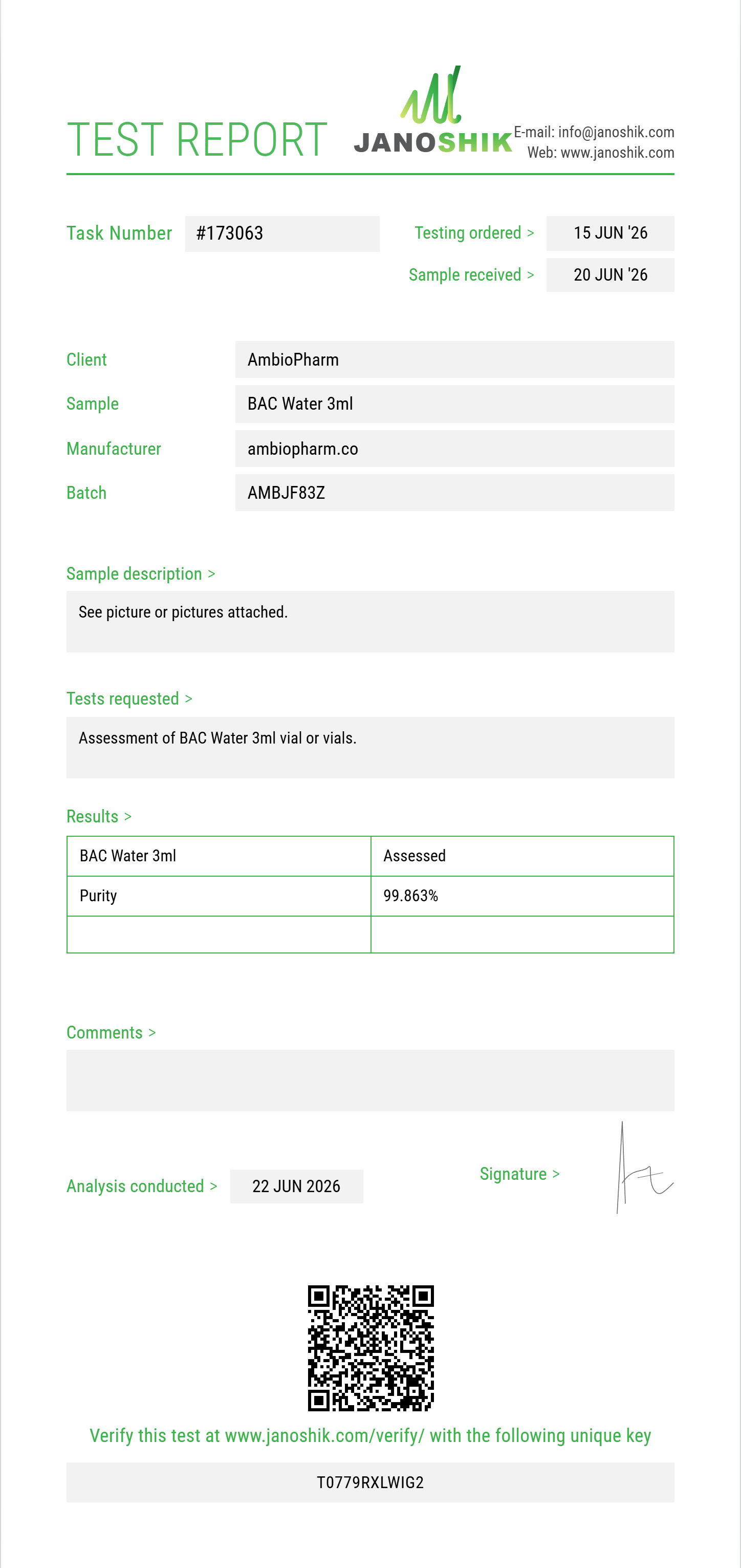 BAC Water Purity (HPLC) report by Janoshik Analytical