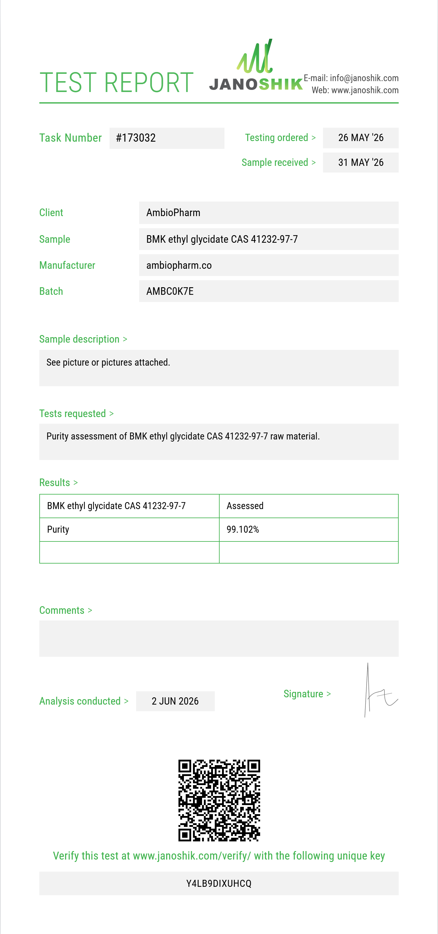 BMK ethyl glycidate CAS 41232-97-7 Purity (HPLC) report by Janoshik Analytical