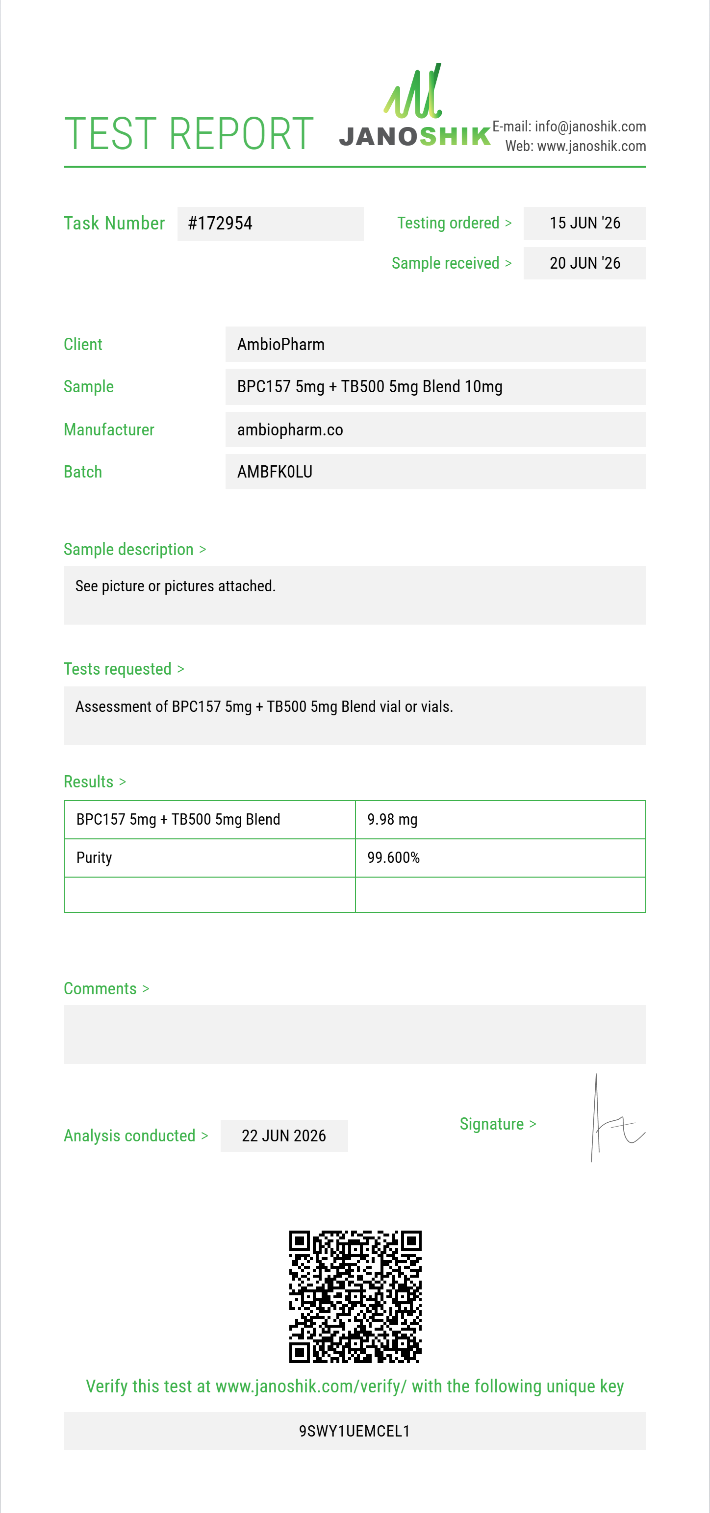 BPC157 5mg + TB500 5mg Blend Purity (HPLC) report by Janoshik Analytical