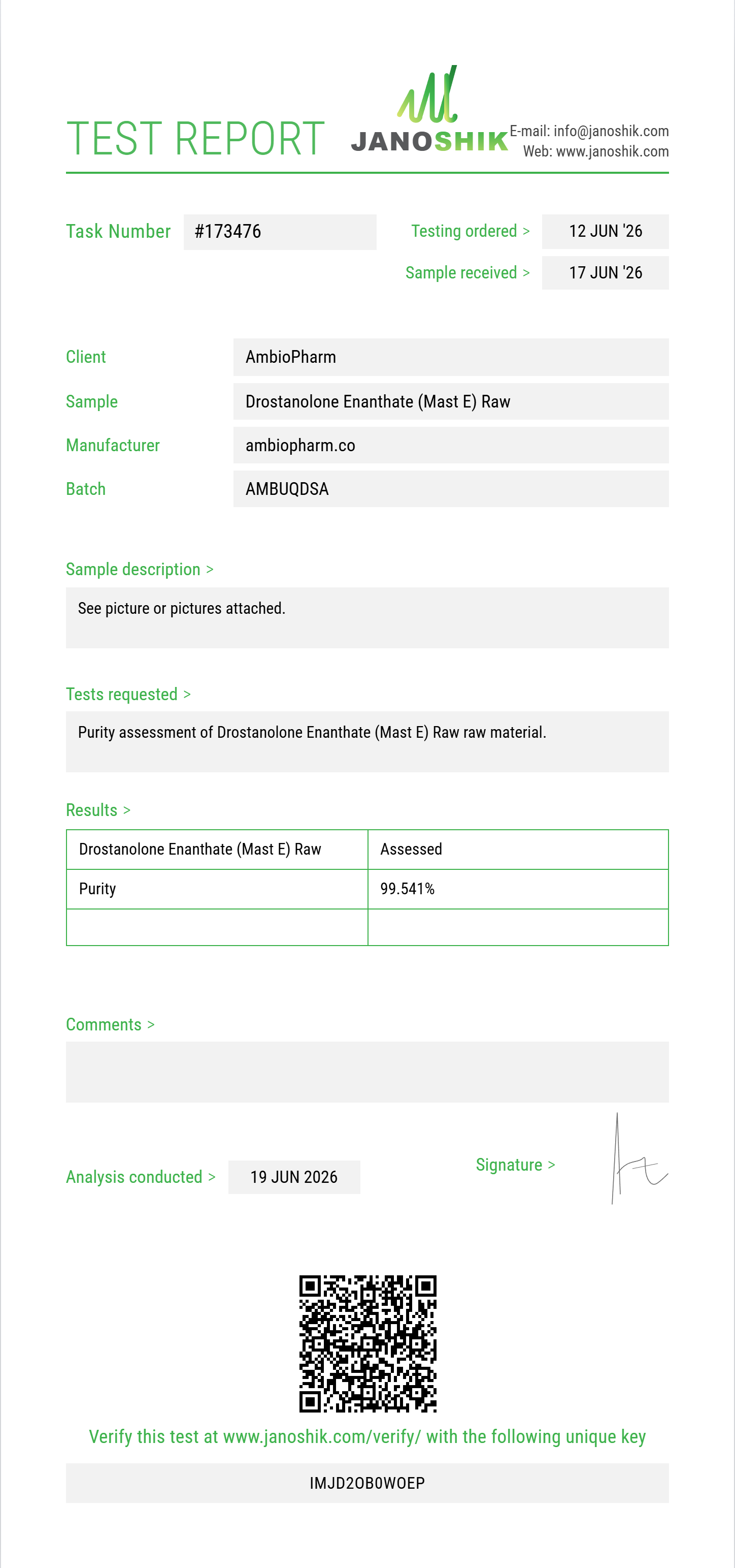 Drostanolone Enanthate (Mast E) Raw Purity (HPLC) report by Janoshik Analytical