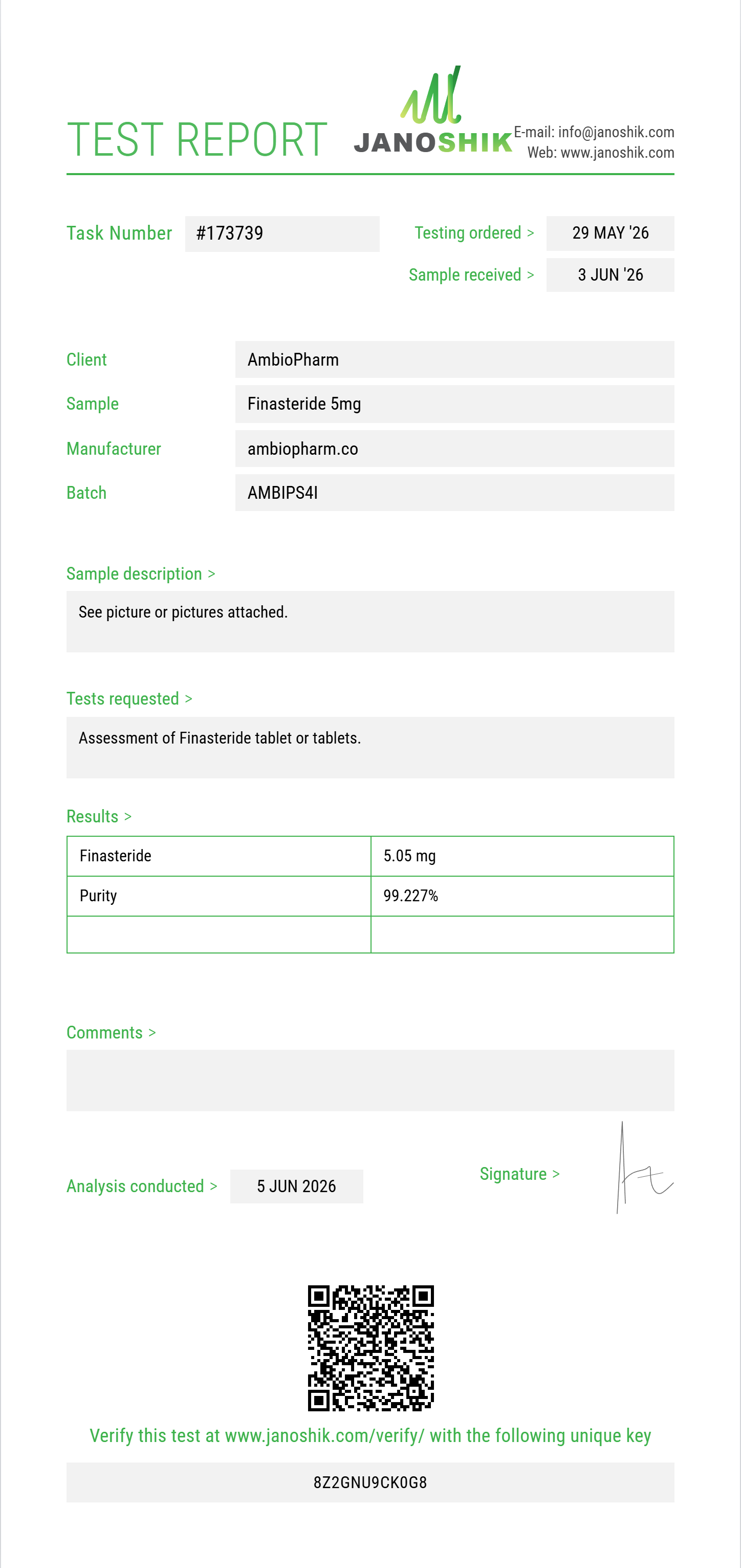 Finasteride Purity (HPLC) report by Janoshik Analytical