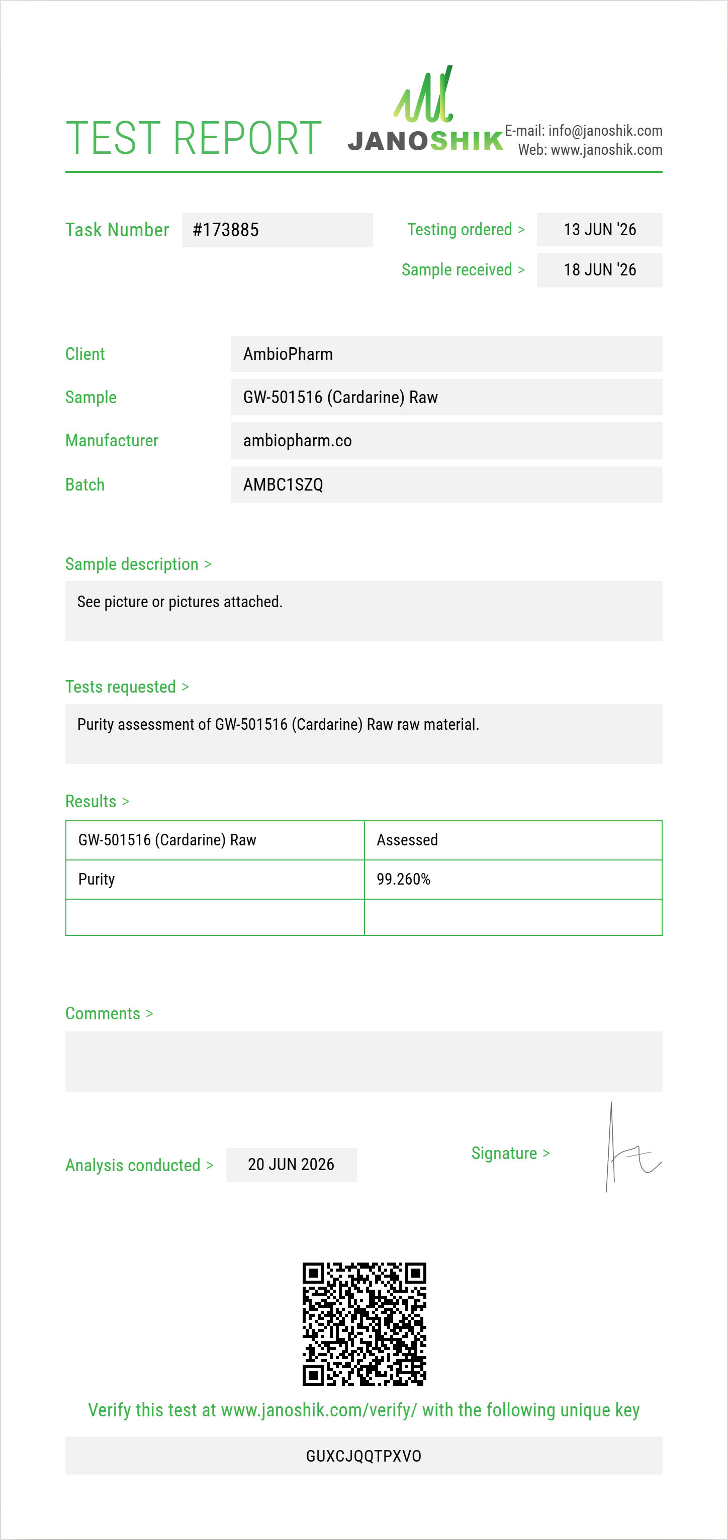GW-501516 (Cardarine) Raw Purity (HPLC) report by Janoshik Analytical