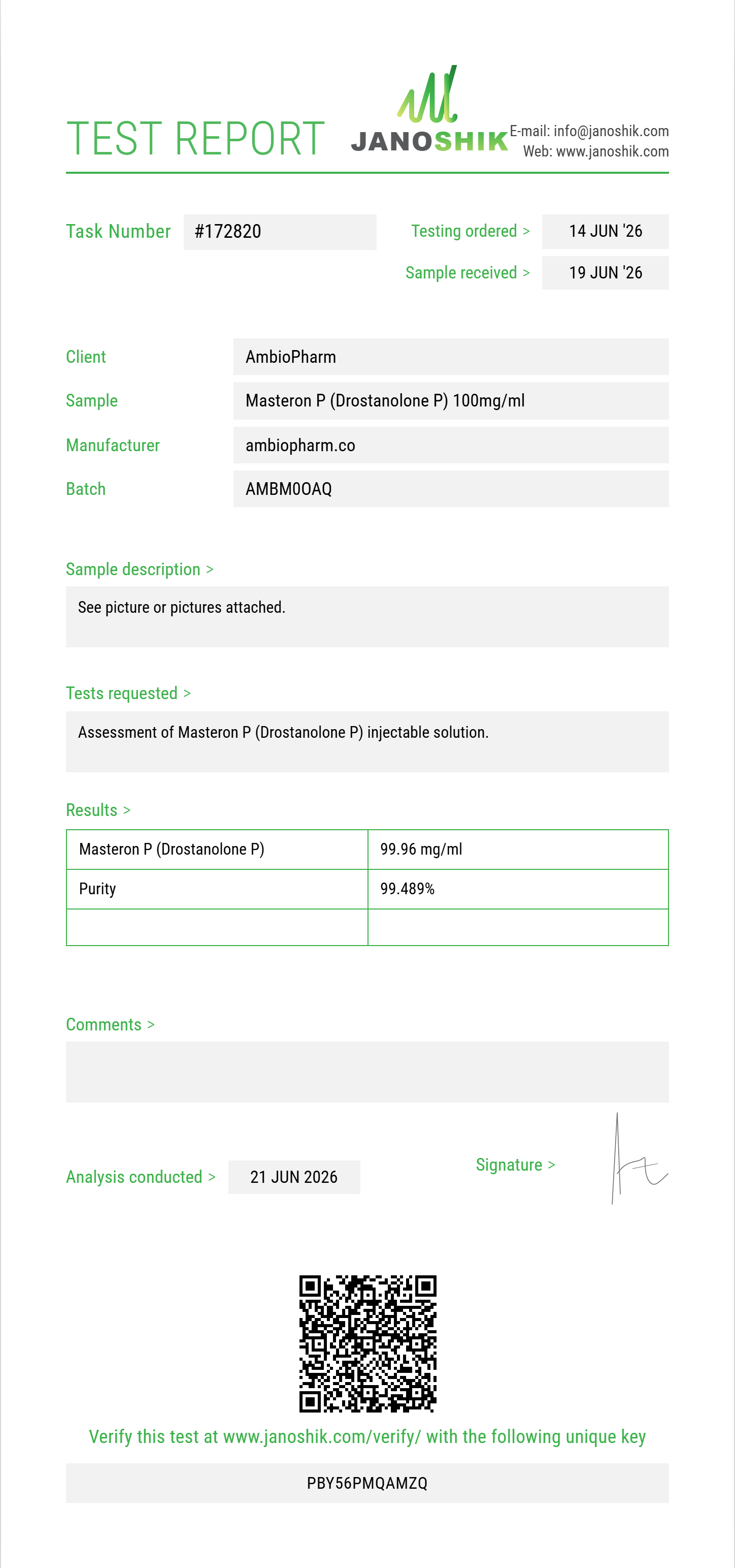 Masteron P (Drostanolone P) Purity (HPLC) report by Janoshik Analytical