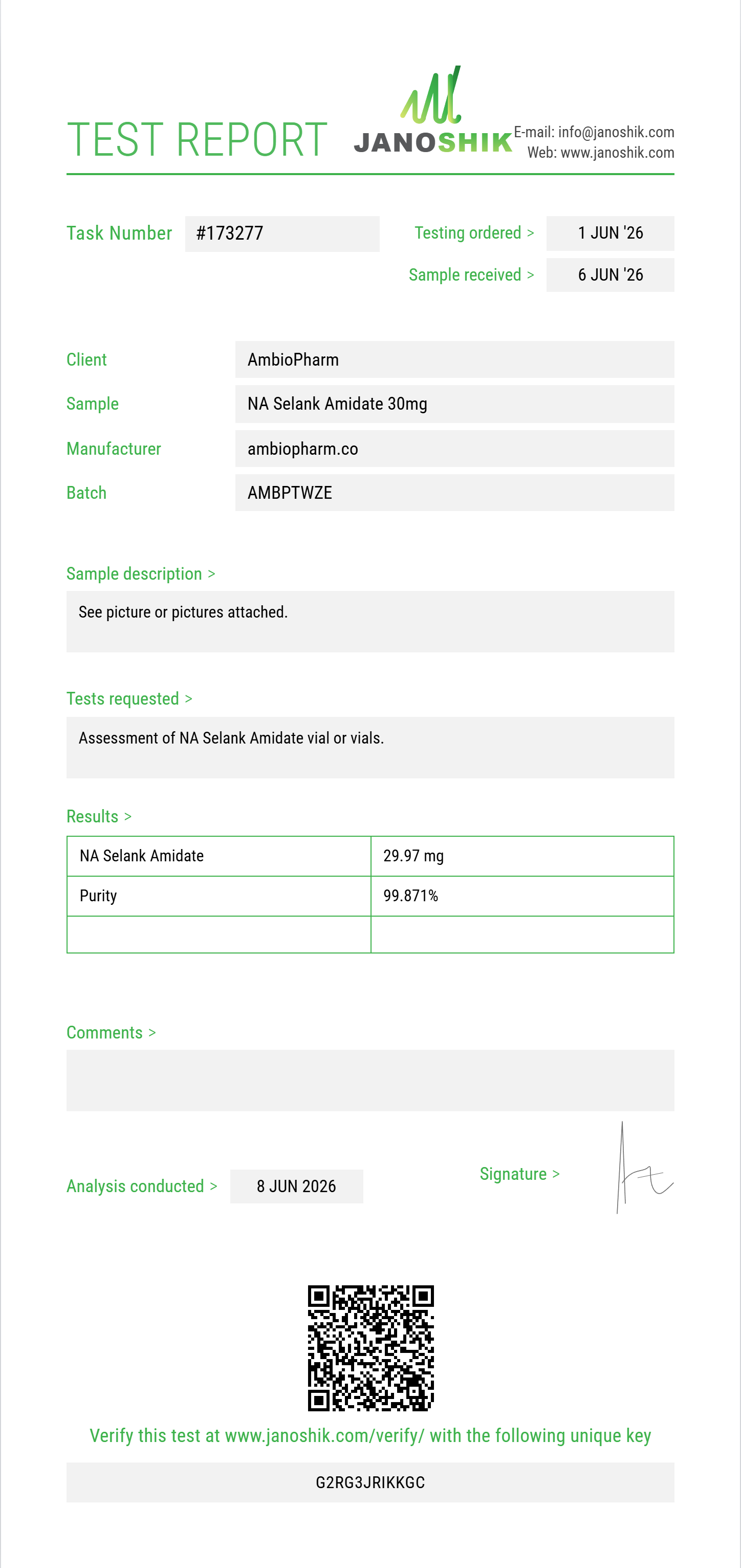 NA Selank Amidate Purity (HPLC) report by Janoshik Analytical