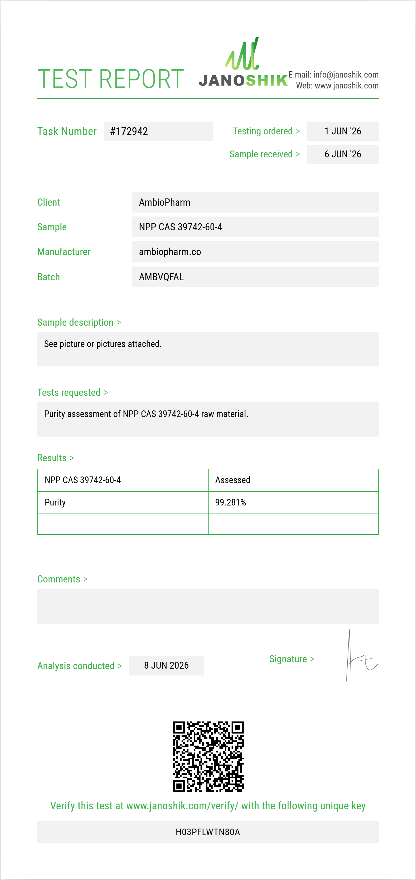 NPP (N-phenethyl-4-piperidone) CAS 39742-60-4 Purity (HPLC) report by Janoshik Analytical