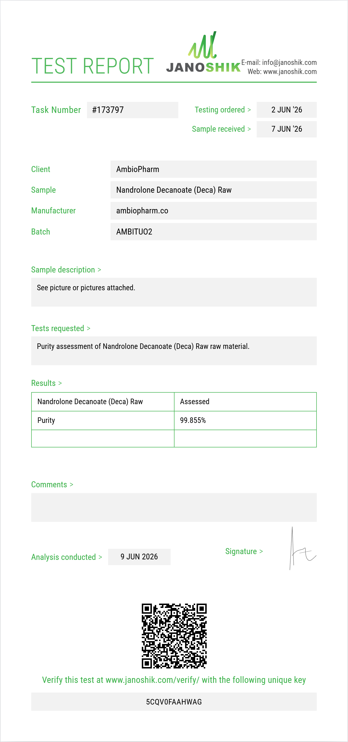 Nandrolone Decanoate (Deca) Raw Purity (HPLC) report by Janoshik Analytical