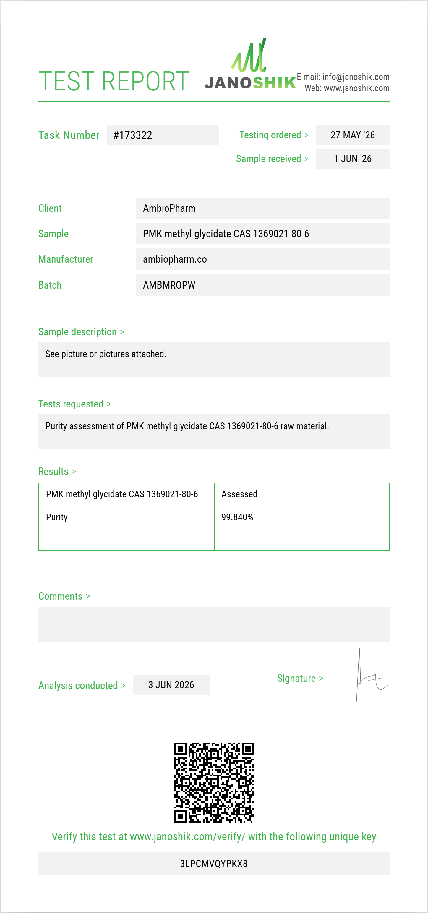 PMK methyl glycidate CAS 1369021-80-6 Purity (HPLC) report by Janoshik Analytical