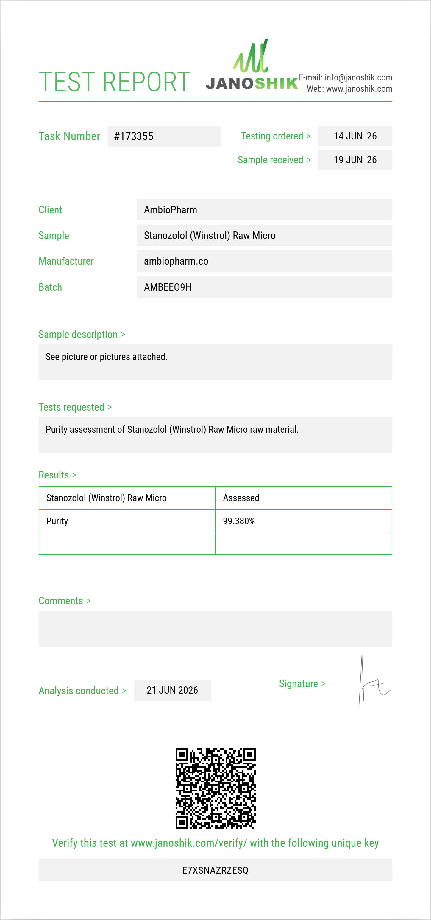 Stanozolol (Winstrol) Raw Purity (HPLC) report by Janoshik Analytical