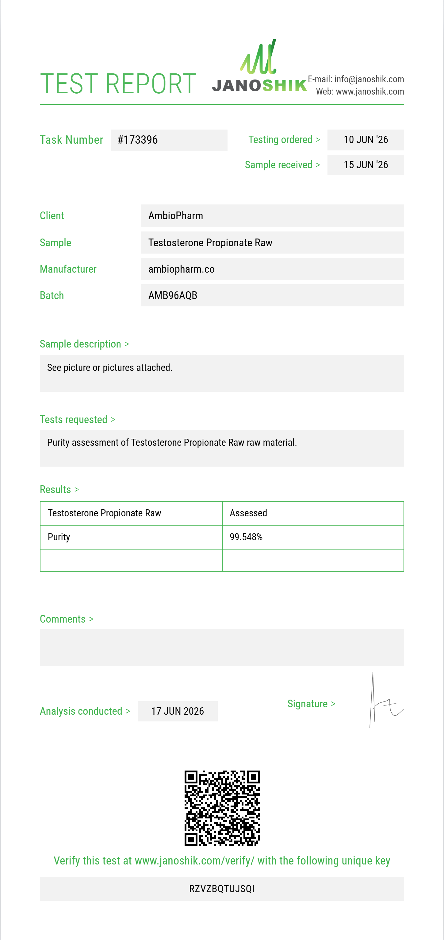 Testosterone Propionate Raw Purity (HPLC) report by Janoshik Analytical