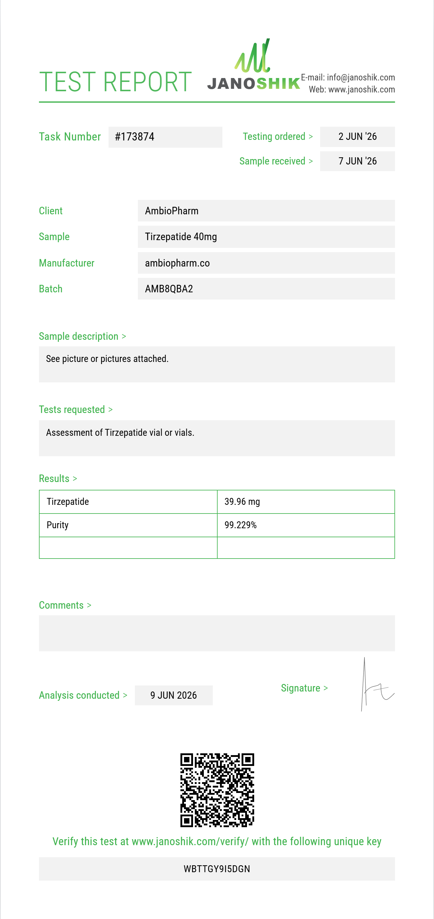 Tirzepatide Purity (HPLC) report by Janoshik Analytical