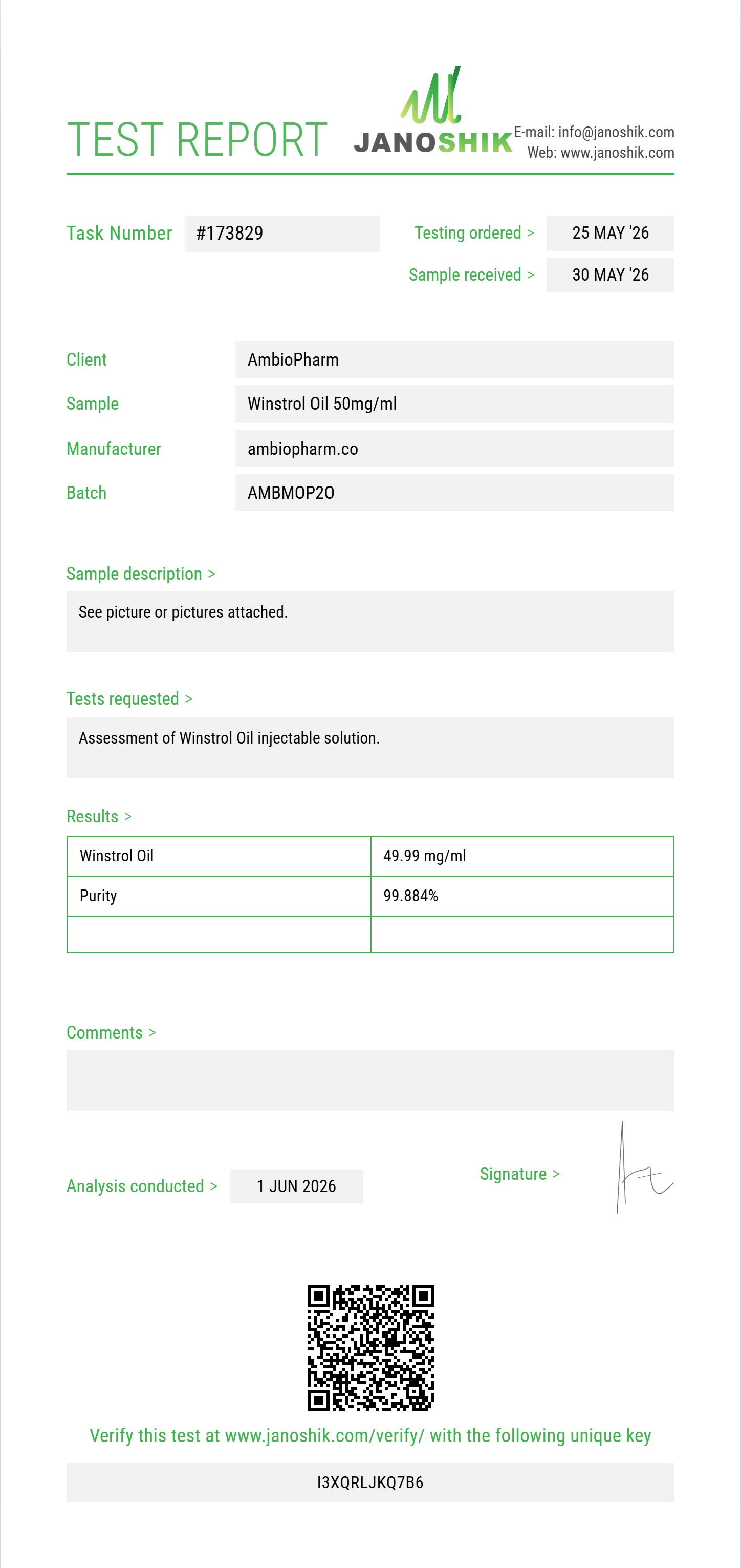 Winstrol Oil Purity (HPLC) report by Janoshik Analytical