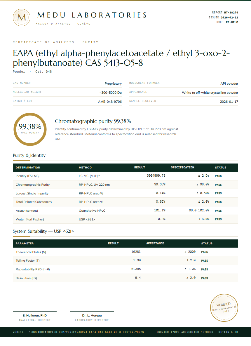 EAPA (ethyl alpha-phenylacetoacetate / ethyl 3-oxo-2-phenylbutanoate) CAS 5413-05-8 Purity (HPLC) report by Medu Laboratories