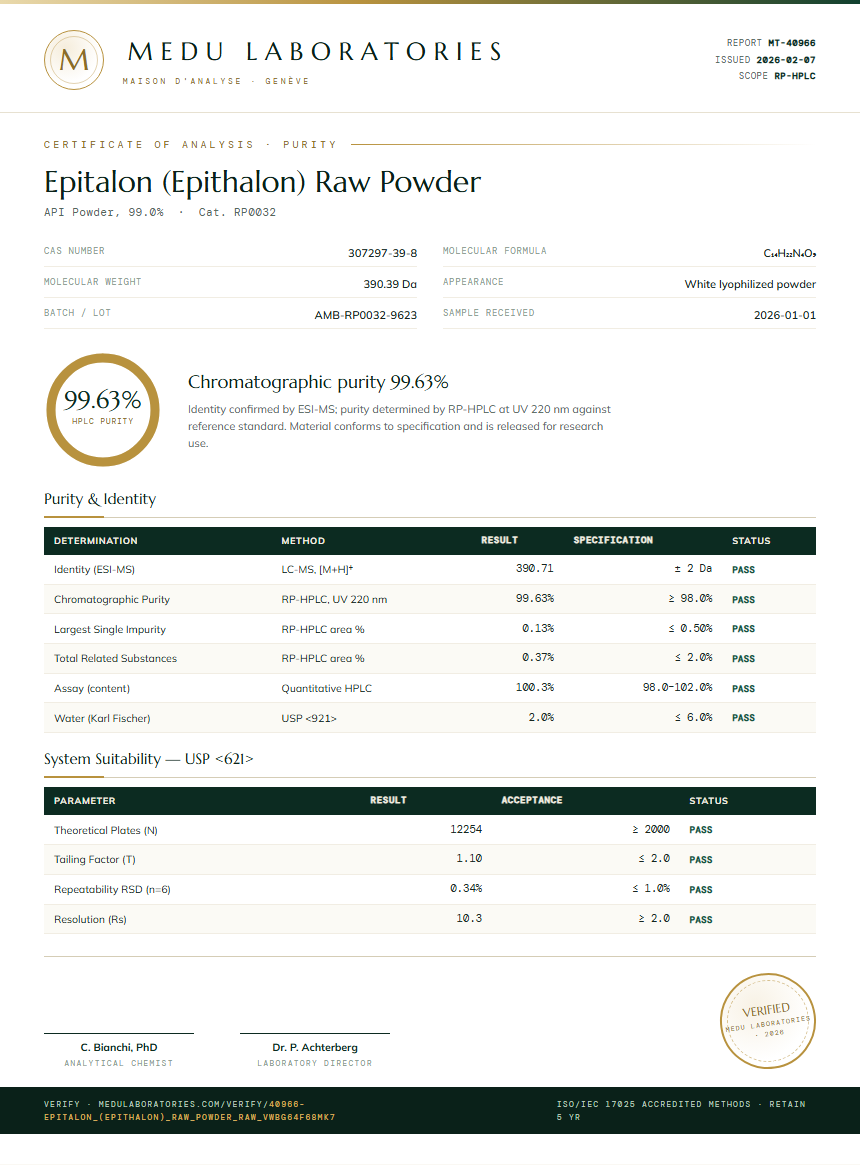 Epitalon (Epithalon) Raw Powder Purity (HPLC) report by Medu Laboratories