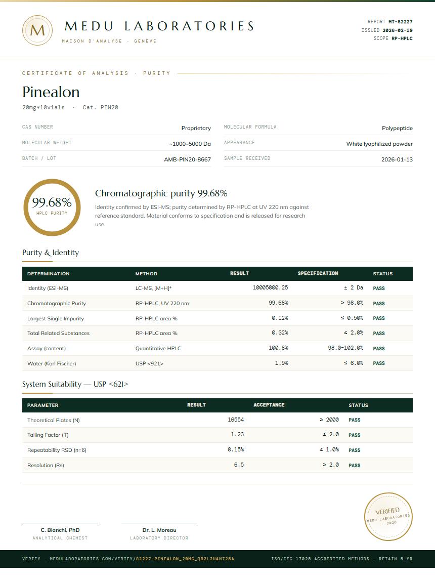 Pinealon Purity (HPLC) report by Medu Laboratories