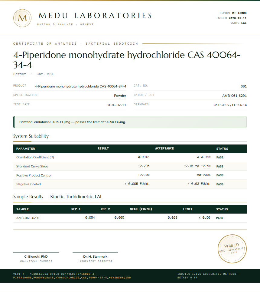 4-Piperidone monohydrate hydrochloride CAS 40064-34-4 Endotoxin report by Medu Laboratories