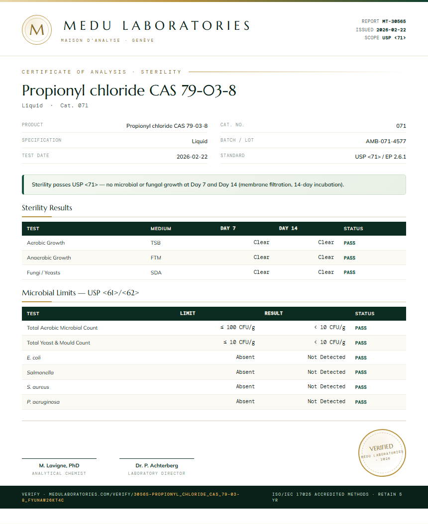 Propionyl chloride CAS 79-03-8 Sterility report by Medu Laboratories