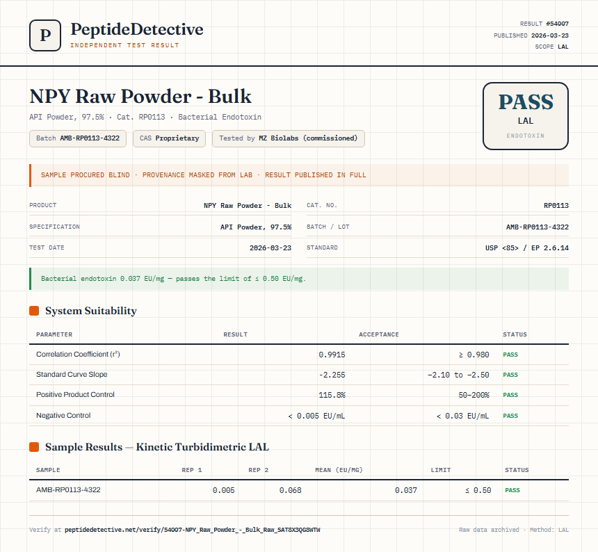 NPY Raw Powder - Bulk Endotoxin report by PeptideDetective