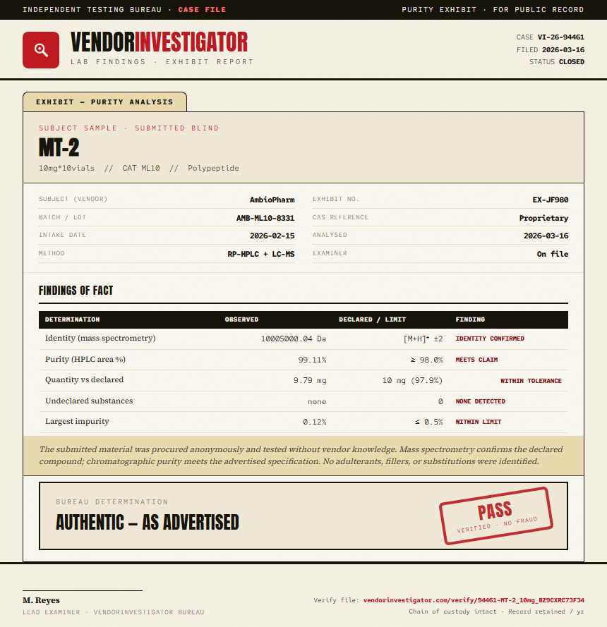 MT-2 Purity (HPLC) report by VendorInvestigator