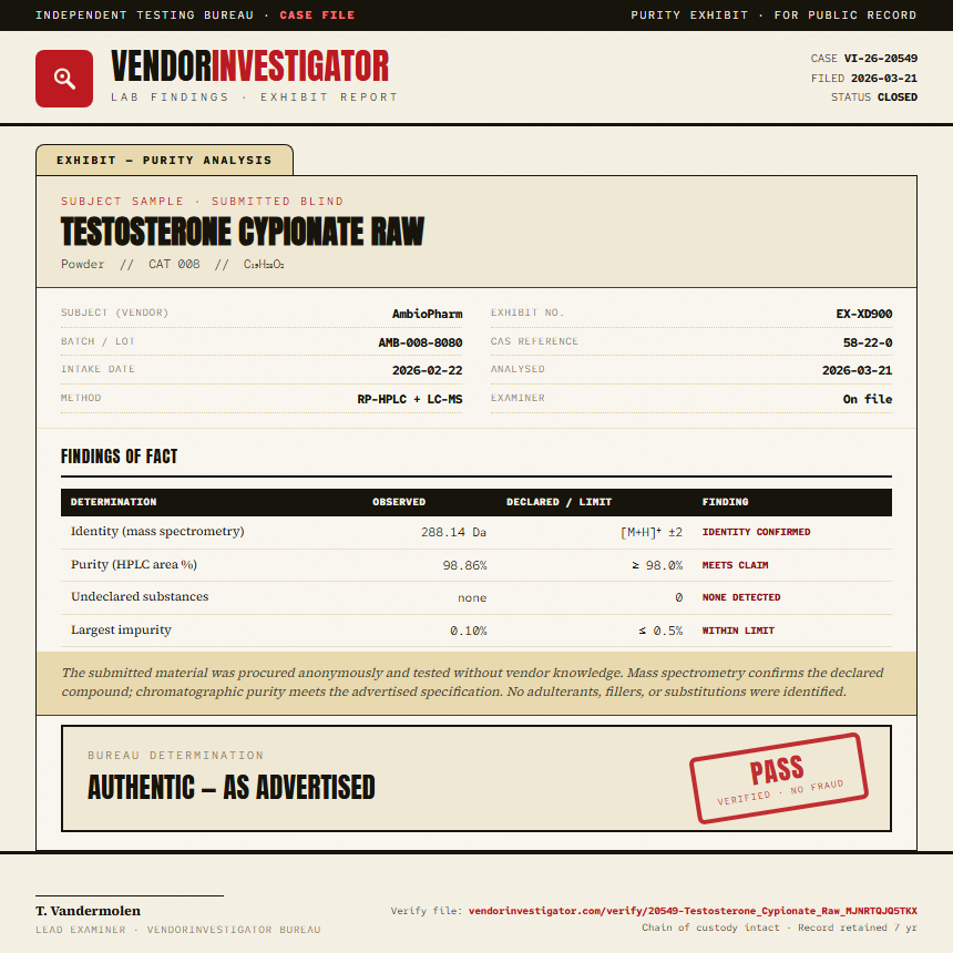 Testosterone Cypionate Raw Purity (HPLC) report by VendorInvestigator