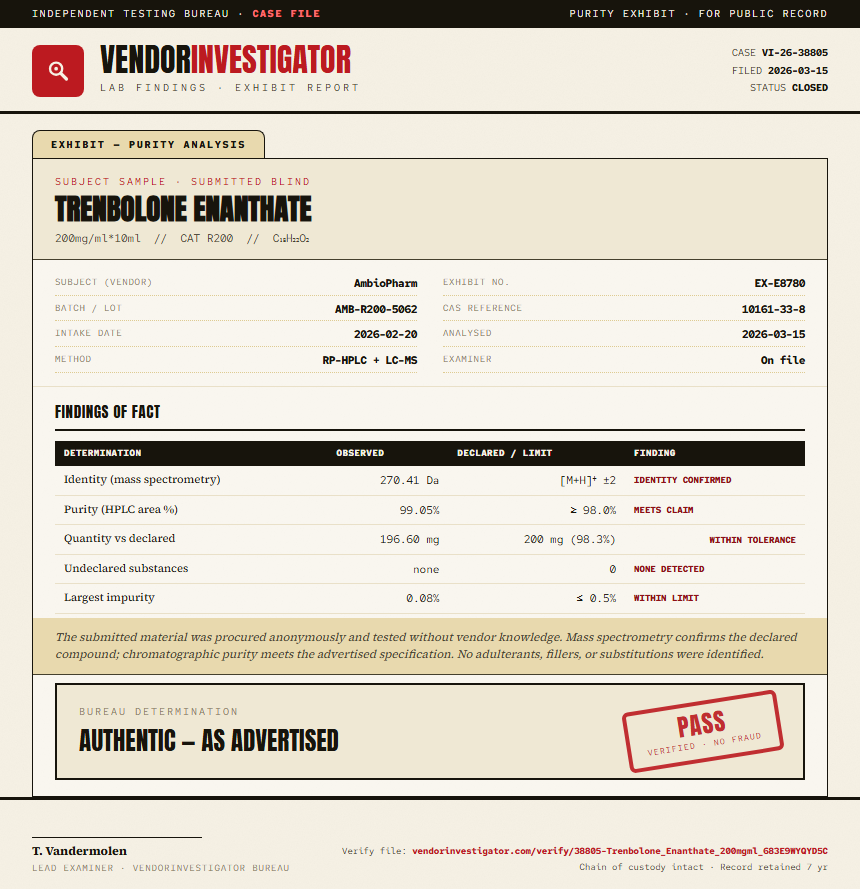 Trenbolone Enanthate Purity (HPLC) report by VendorInvestigator