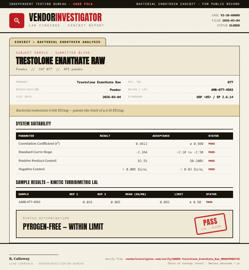 Trestolone Enanthate Raw Endotoxin report by VendorInvestigator